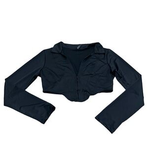 Black Silky Corset Long Sleeve Top V-Neckline With Collar Witchy Gothic Sexy Y2K